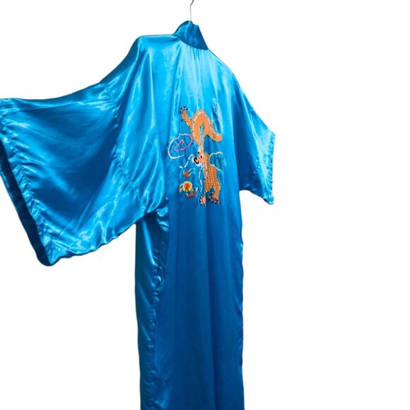 Vintage Blue Satin 5-Claw Dragon Embroidered Kimono Robe Pockets For Men Women - Picture 9 of 13